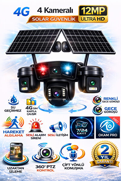 VİVATECH Pro336 12MP 4 Kameralı 4G Solar Akıllı Kamera 10X Zoom İnsan Takibi ...