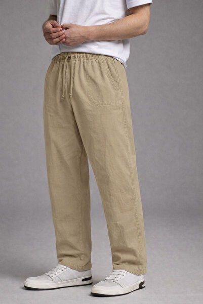DAMGA JEANS Men's Beige Linen Trousers with Elastic Waist and Wide Legs