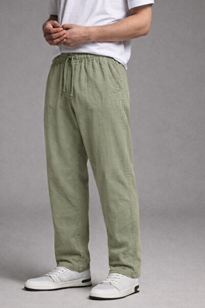 DAMGA JEANS Ανδρικό παντελόνι από πράσινο λινό με ελαστική μέση και φαρδιά μπ...