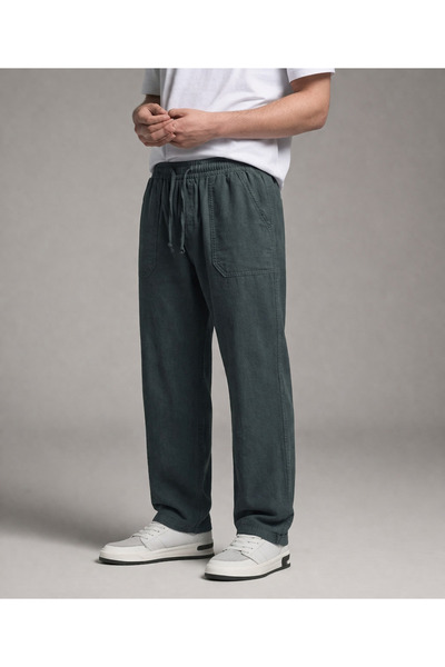 DAMGA JEANS Men's Elastic Waist Loose Leg Khaki Linen Trousers