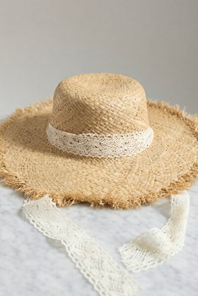Mollycrush Γυναικείο Ψάθινο Καπέλο σε Μπεζ Χρώμα με Δαντέλα |   Καλοκαιρινό μ...