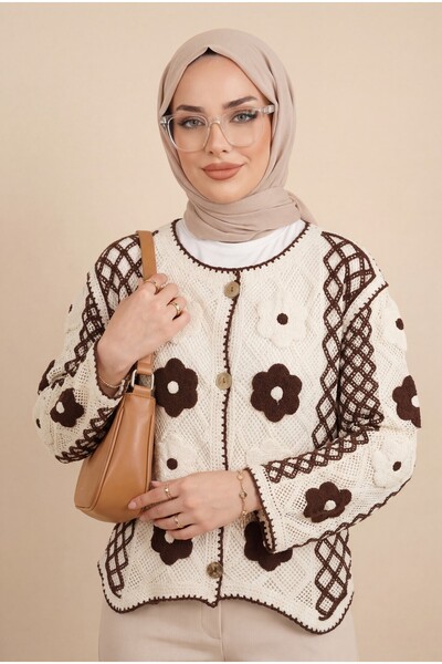 Modamorfo Daisy detailed patterned buttoned front openwork knit cardigan - co...