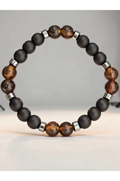 nss sky rock Damla Amber Matte Onyx Hematite Bracelet 8mm Natural Stone Elast...