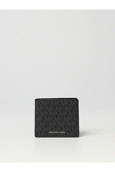 Michael Kors Men's Monogram Logo Patterned Canvas Fabric Black Wallet with Ca...