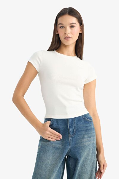 DeFacto Coool Fitted Ribana Basic Plain Thick Fabric Short Sleeve T-Shirt