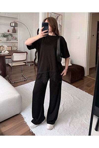 FERZOLAİO Lace Detailed Oversized Black Suit