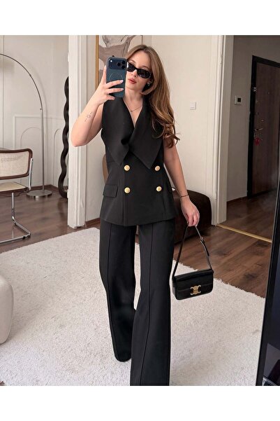 FERZOLAİO Valeria Gold Button Detailed Black Vest and Trousers Set