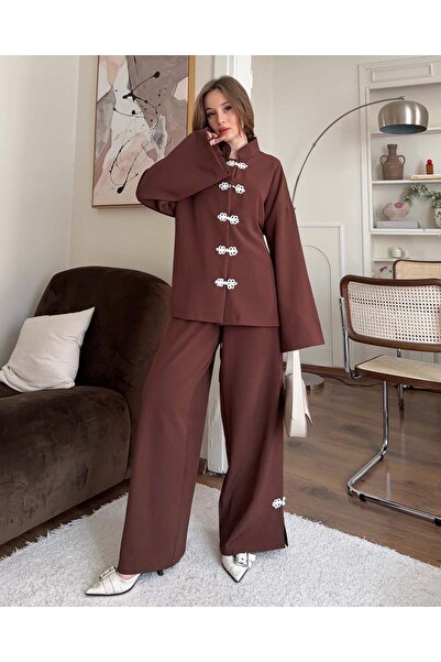 FERZOLAİO Mandarin Collar Chinese Buttoned Brown Suit