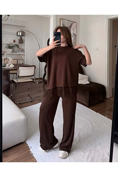 FERZOLAİO Lace Detailed Oversized Brown Suit