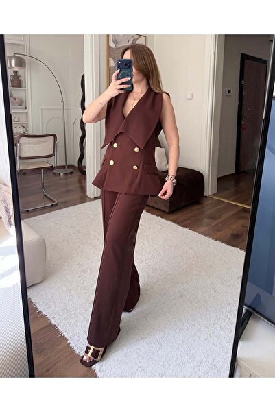 FERZOLAİO Valeria Gold Button Detailed Brown Vest and Trousers Set
