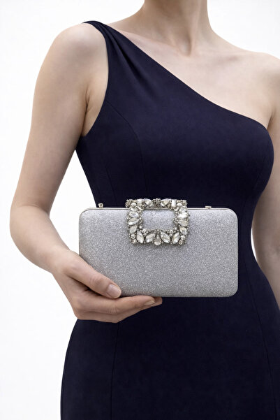 Akmanlar Ayakkabı Silver Evening Dress Bag with Stone Detail, Stylish Evening...