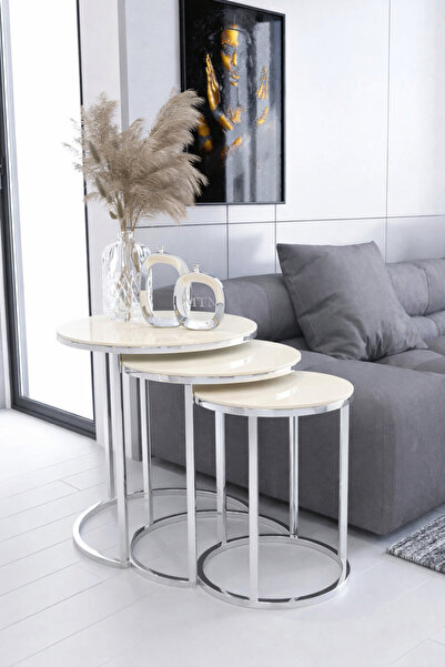 Nies Aksesuar Armoni 3'lü Zigon Sehpa Gümüş Ayak krem mebran (demonte)