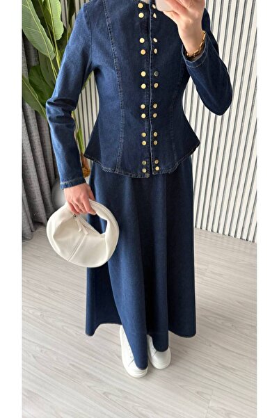 LOKADI Gold Button Detailed Denim Jacket and Skirt Set - Dark Wash Denim Two-...