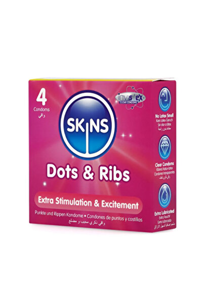 Skins واقي ذكري من نوع دوتس آند ريبس، عبوة من 4 قطع