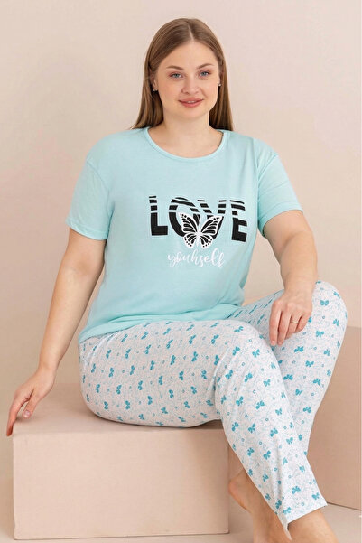 Farya Home Голям размер памучен десениран пижамен комплект с къс ръкав за майки