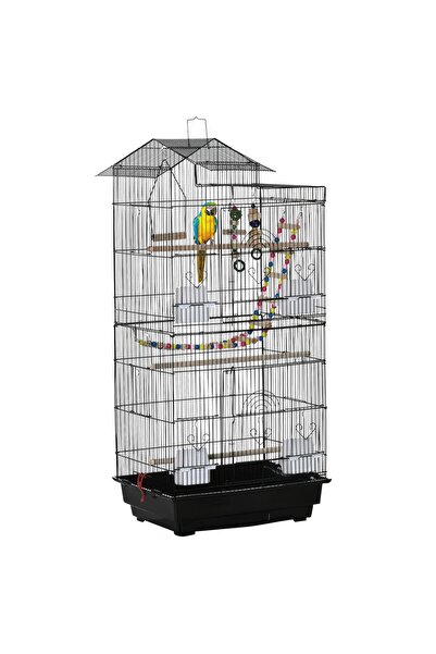 OEM Bird cage with ladder, steel/polypropylene/wood, black, 46 x 36 x 100 cm