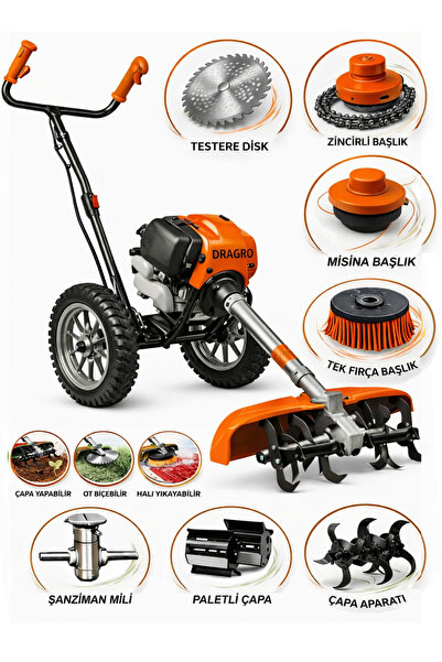 Dragro Benzinli Mini Çapalama Makinesi ve Ot Biçme Tırpan Seti Çift Çapalı Fu...