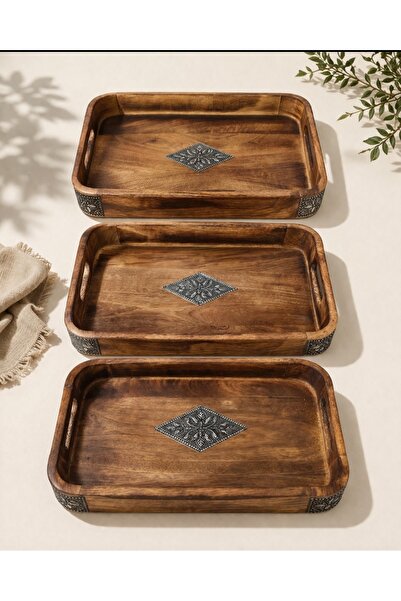 WoodBay Authentic Mango Wood Tray Set of 3 (30-35-40 cm) Handmade Wooden Tray...