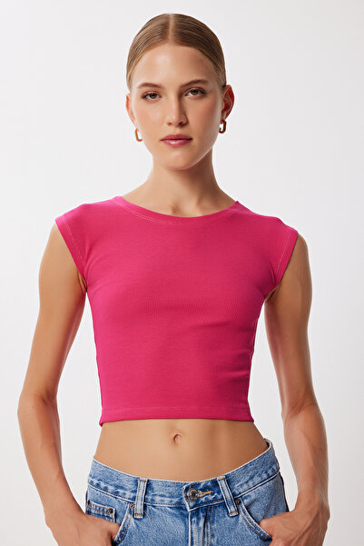 Lovelyİstanbul Basic Ribbed Knitted Crop Blouse Lmx0122 Dark Pink