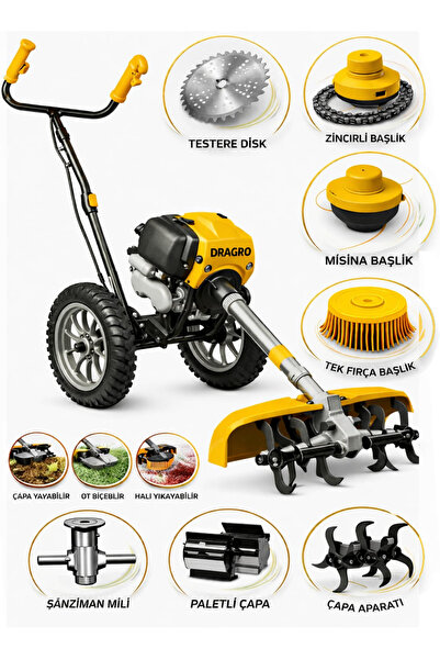 Dragro Benzinli Mini Çapalama Makinesi ve Ot Biçme Tırpan Seti Çift Çapalı Fu...