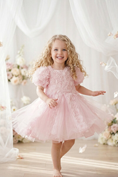 ALYRA Kız Çocuk 3D Güllü Prenses Elbise Tüllü Katlı Sırt Dekolteli Özel Gün D...