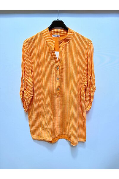 della moor Women's Orange Italian Line Pattern Court Collar Short Sleeve Over...