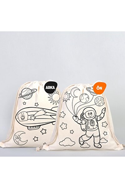 Pamusan Boyanabilir Çocuk Aktiviteleri 35X40 cm İp Büzgülü Bez Sırt Çantası Astronot - Zeplin 5 ADET