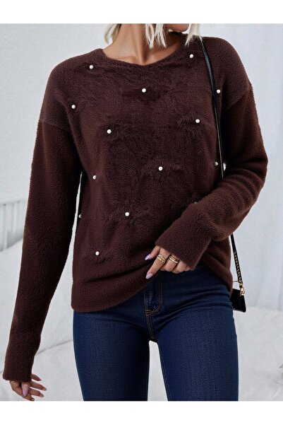 NLT Pulover tricotat pentru femei, cu decolteu tip bici, decorat cu perle și ...