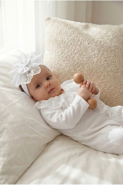 MONTİNA Little princess cream Lace piece Cotton interlock baby romper and headband set