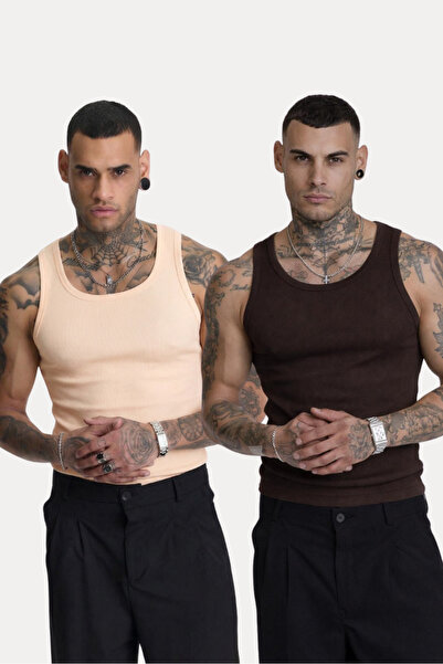 İLKCET MODA 2-Pack Cream and Brown Slim Fit Men's Ribbed Undershirts