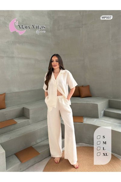 Alizstore Aliz Store %100 Cotton Muslin Ecru Plain Shirt Collar Women's Double Pajama Set