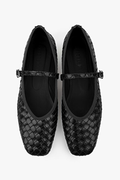 Shoeberry Γυναικείες μπαλαρίνες με πλεκτή όψη από μαύρο δέρμα
