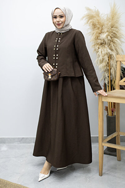 Tesettür Dünyası Σετ Φούστας με Χρυσά Κουμπώματα TSD260156 Καφέ