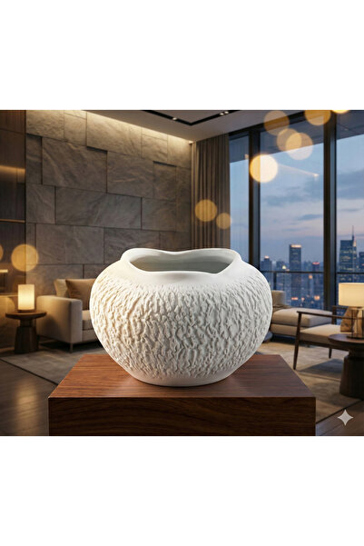 Adeem فازة فخار مخشن ابيض دائرية