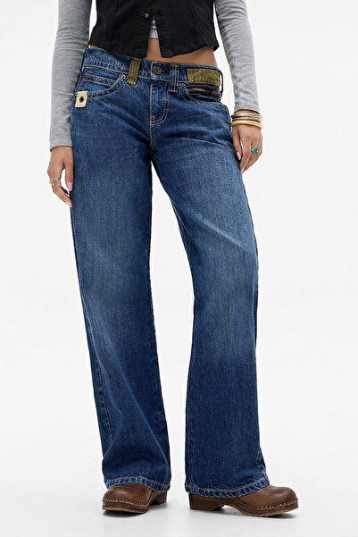 september island Jasika Extreme Text Detailed Dark Blue Color Low Waist Trousers