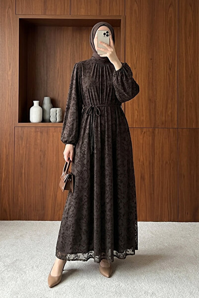 MODAQU Waist-Tied Lined Flocked Printed Tulle Dress - Dark Brown