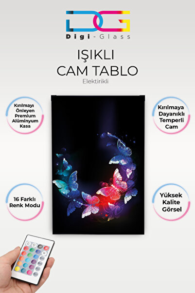 Modern Işıklı Kelebeklerin Dansı Tasarım Tasarımlı Cam Tablo