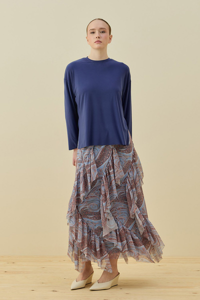 Merwishop Layered Patterned Skirt Double Spanis Set 1812 Blue