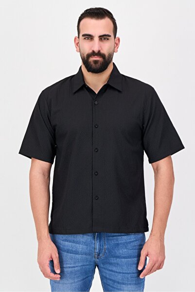 Nautica Jeans Men Regular Fit Textured Short Sleeve Casual Shirt, Black