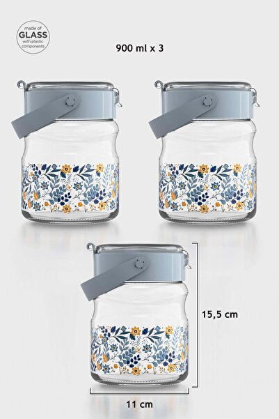Renga Mono 900 ml Flower Patterned 3-Piece Glass Jar Set 132065 Blue