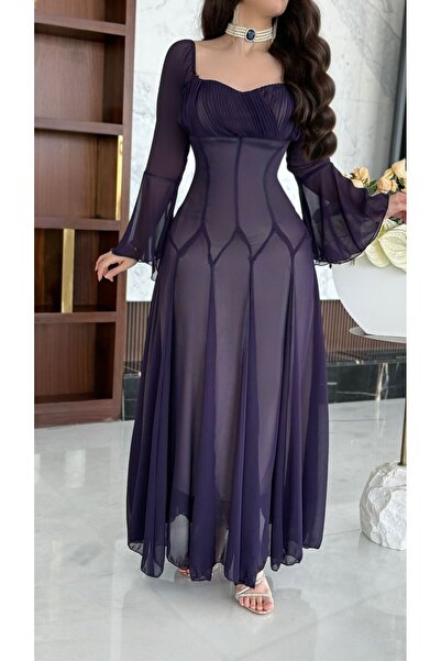 NO BRAND فستان بنفسجي طويل بشيفون وأكمام واسعة مع تفاصيل بليسيه أنيقة