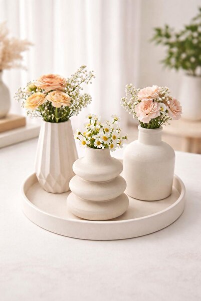 ALZ CONCEPT Dekoratif sunum tepsili vazo set 3lü