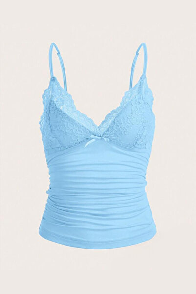Köstebek Blue Lace Detailed Bowknot Y2K Strap Crop Top