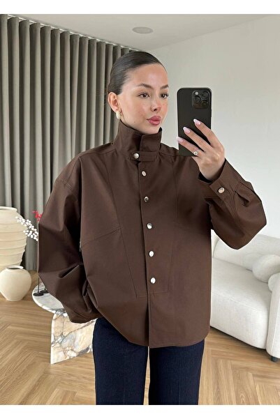 LOKADI Oversized Poplin Jacket Shirt with Stand Collar and Metal Buttons