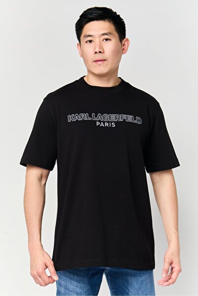 Karl Lagerfeld تي شيرت رجالي بشعار مطرز بأكمام قصيرة ورقبة دائرية، أسود