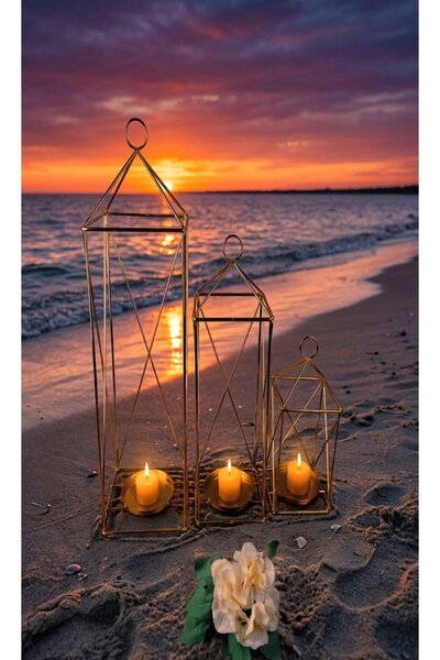 EMFA HOME Gold 3'lü Fener Dekoratif Mumluk Şamdan