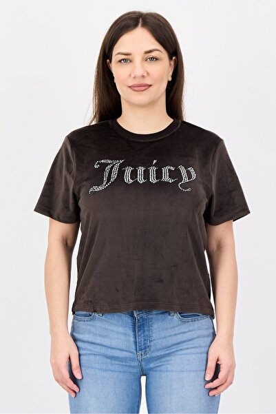 Juicy Couture Women Crew Neck Embellished Short Sleeve Top, Dark Brown