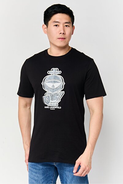 Karl Lagerfeld تي شيرت رجالي بطبعة جرافيكية بأكمام قصيرة ورقبة دائرية، أسود