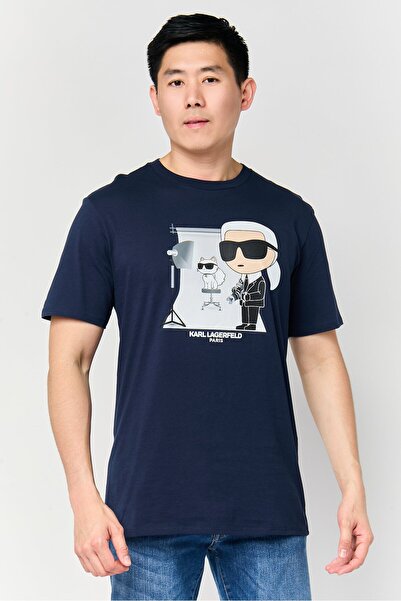 Karl Lagerfeld تي شيرت رجالي بطبعة جرافيكية بأكمام قصيرة ورقبة دائرية، أزرق داكن