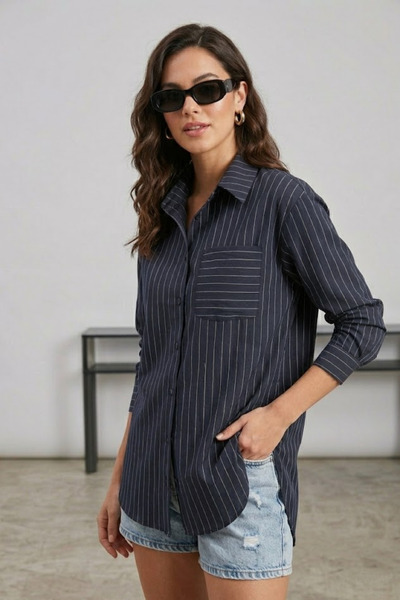 Lucax Striped Oversized Black Shirt with Pocket Detail - Women's Shirt / Cotton